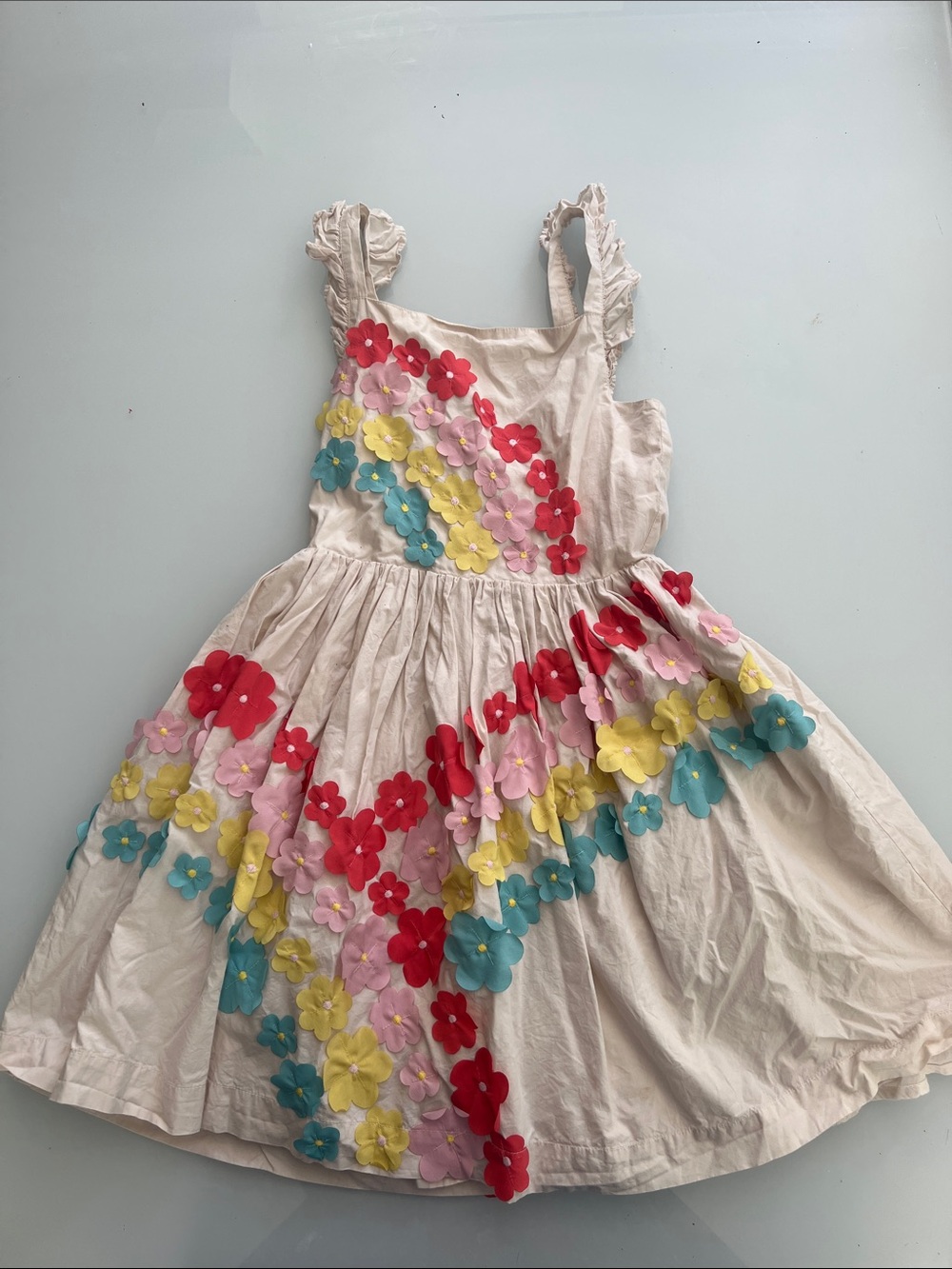 Boden Girls Cream Floral Appliqué Sundress with Red, Pink, Yellow & Blue Flowers